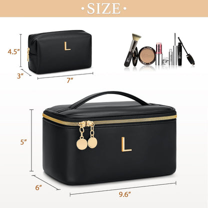 Personalized Initial Makeup Bag Gifts for Women, Large Travel Cosmetic Organizer with Handle & Divider, PU Leather Toiletry Bag for Girls, Birthday Bridesmaid Gift Set - Beige - H