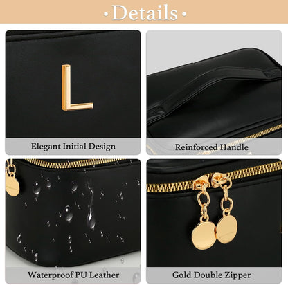 Personalized Initial Makeup Bag Gifts for Women, Large Travel Cosmetic Organizer with Handle & Divider, PU Leather Toiletry Bag for Girls, Birthday Bridesmaid Gift Set - Beige - H