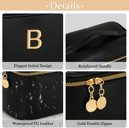 Personalized Initial Makeup Bag Gifts for Women, Large Travel Cosmetic Organizer with Handle & Divider, PU Leather Toiletry Bag for Girls, Birthday Bridesmaid Gift Set - Beige - H