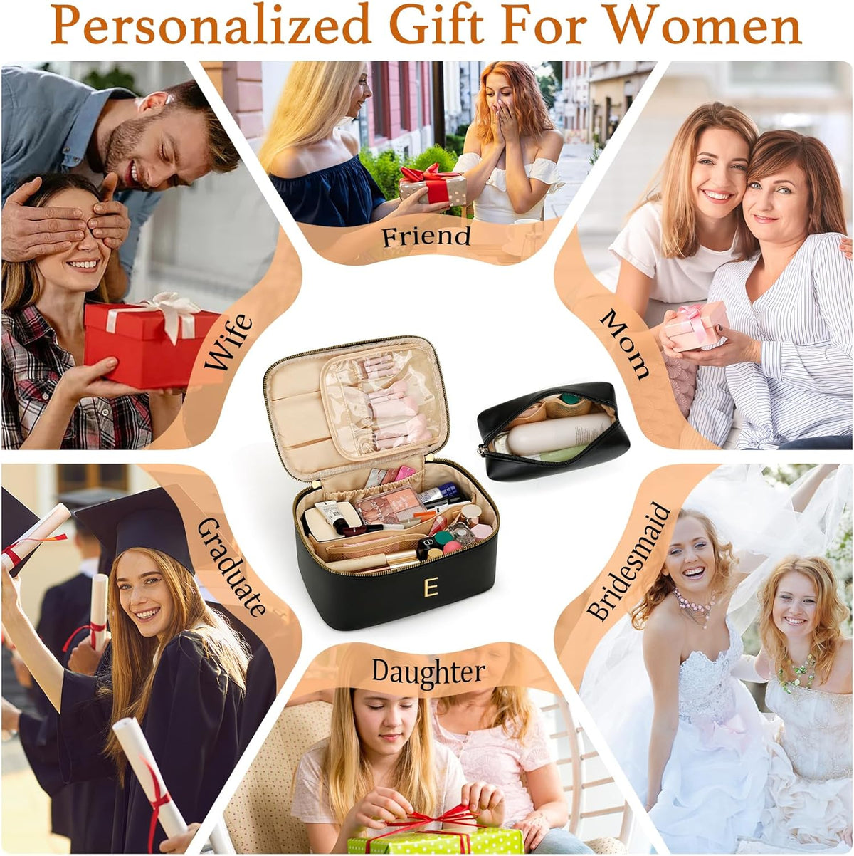 Personalized Initial Makeup Bag Gifts for Women, Large Travel Cosmetic Organizer with Handle & Divider, PU Leather Toiletry Bag for Girls, Birthday Bridesmaid Gift Set - Beige - H