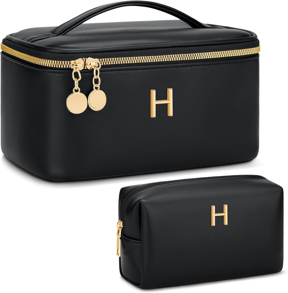 Personalized Initial Makeup Bag Gifts for Women, Large Travel Cosmetic Organizer with Handle & Divider, PU Leather Toiletry Bag for Girls, Birthday Bridesmaid Gift Set - Beige - H