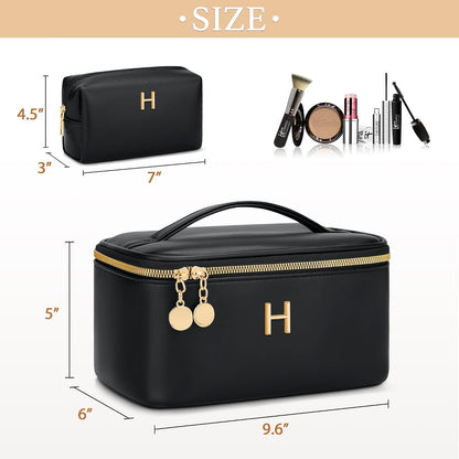 Personalized Initial Makeup Bag Gifts for Women, Large Travel Cosmetic Organizer with Handle & Divider, PU Leather Toiletry Bag for Girls, Birthday Bridesmaid Gift Set - Beige - H