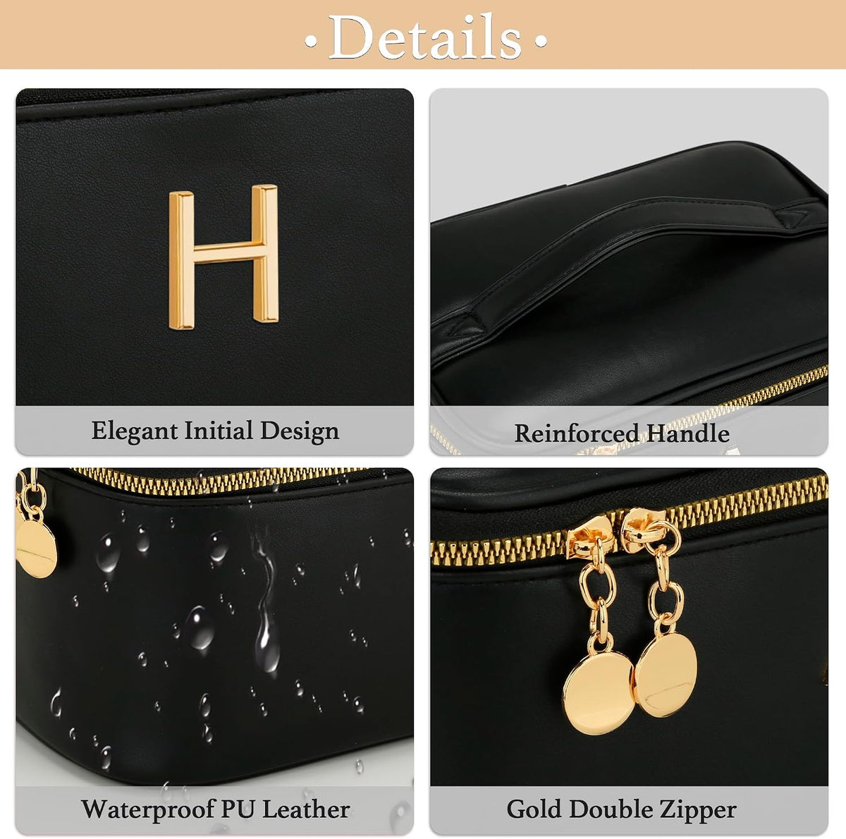 Personalized Initial Makeup Bag Gifts for Women, Large Travel Cosmetic Organizer with Handle & Divider, PU Leather Toiletry Bag for Girls, Birthday Bridesmaid Gift Set - Beige - H