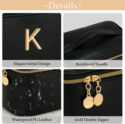 Personalized Initial Makeup Bag Gifts for Women, Large Travel Cosmetic Organizer with Handle & Divider, PU Leather Toiletry Bag for Girls, Birthday Bridesmaid Gift Set - Beige - H