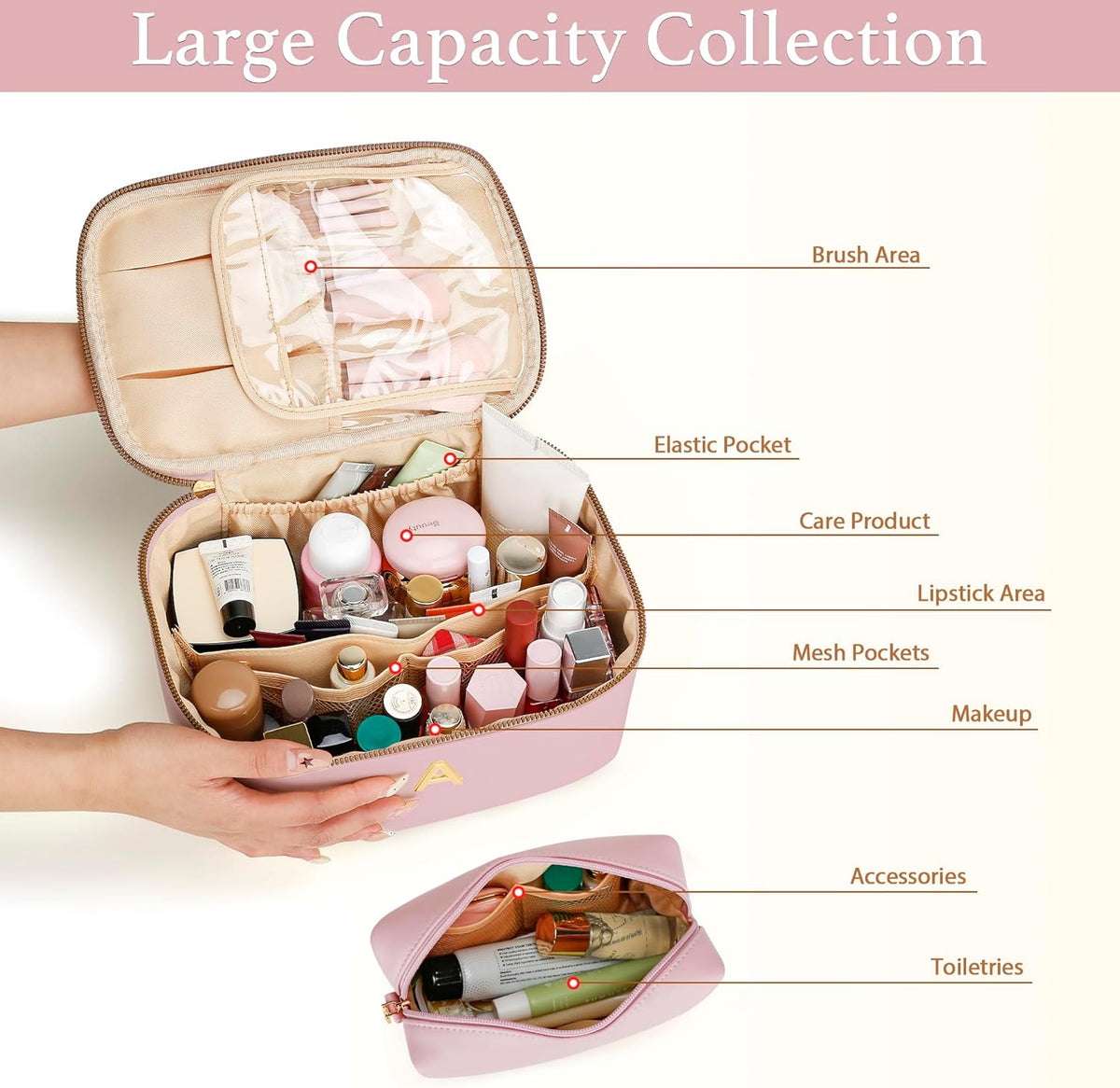 Personalized Initial Makeup Bag Gifts for Women, Large Travel Cosmetic Organizer with Handle & Divider, PU Leather Toiletry Bag for Girls, Birthday Bridesmaid Gift Set - Beige - H