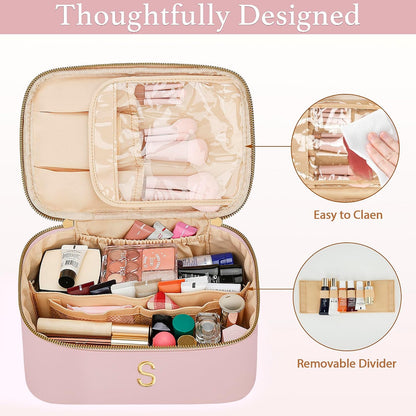 Personalized Initial Makeup Bag Gifts for Women, Large Travel Cosmetic Organizer with Handle & Divider, PU Leather Toiletry Bag for Girls, Birthday Bridesmaid Gift Set - Beige - H