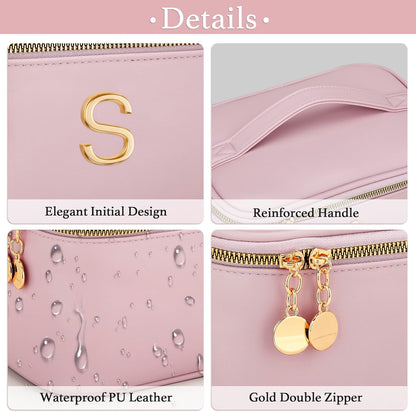 Personalized Initial Makeup Bag Gifts for Women, Large Travel Cosmetic Organizer with Handle & Divider, PU Leather Toiletry Bag for Girls, Birthday Bridesmaid Gift Set - Beige - H