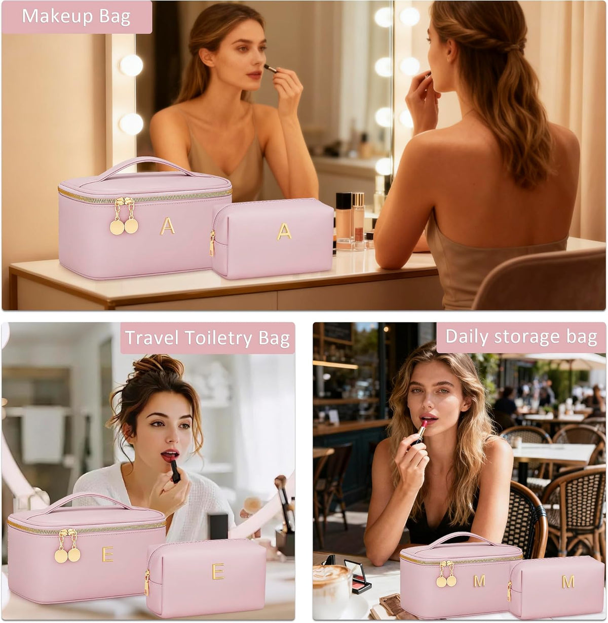 Personalized Initial Makeup Bag Gifts for Women, Large Travel Cosmetic Organizer with Handle & Divider, PU Leather Toiletry Bag for Girls, Birthday Bridesmaid Gift Set - Beige - H