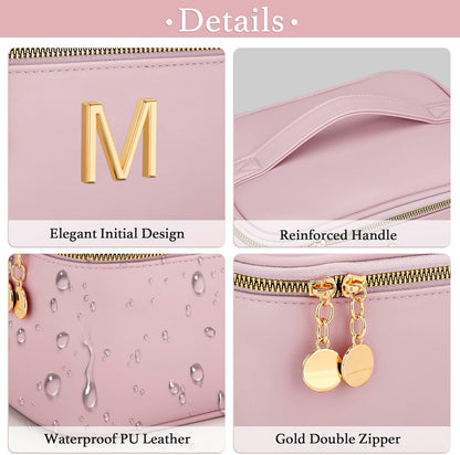 Personalized Initial Makeup Bag Gifts for Women, Large Travel Cosmetic Organizer with Handle & Divider, PU Leather Toiletry Bag for Girls, Birthday Bridesmaid Gift Set - Beige - H