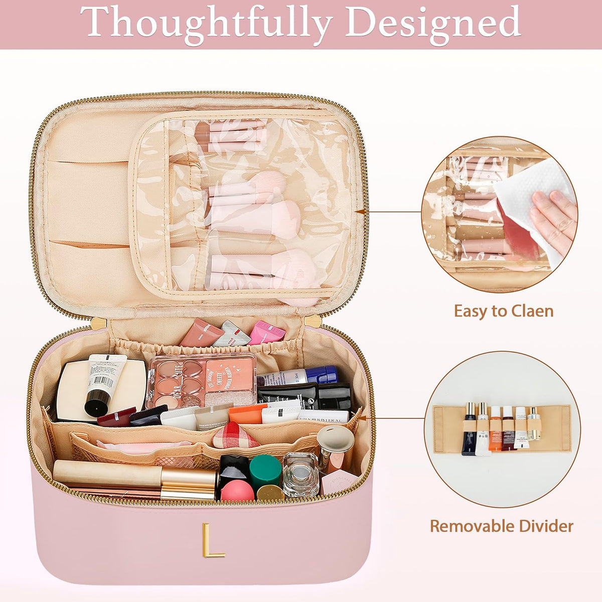 Personalized Initial Makeup Bag Gifts for Women, Large Travel Cosmetic Organizer with Handle & Divider, PU Leather Toiletry Bag for Girls, Birthday Bridesmaid Gift Set - Beige - H