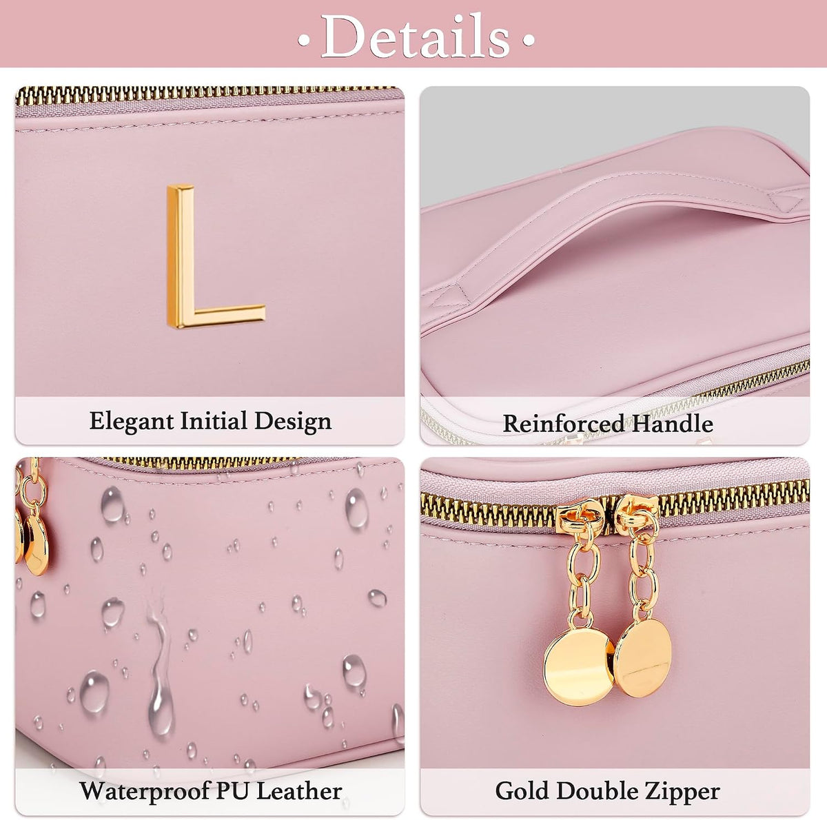 Personalized Initial Makeup Bag Gifts for Women, Large Travel Cosmetic Organizer with Handle & Divider, PU Leather Toiletry Bag for Girls, Birthday Bridesmaid Gift Set - Beige - H