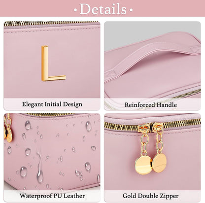 Personalized Initial Makeup Bag Gifts for Women, Large Travel Cosmetic Organizer with Handle & Divider, PU Leather Toiletry Bag for Girls, Birthday Bridesmaid Gift Set - Beige - H