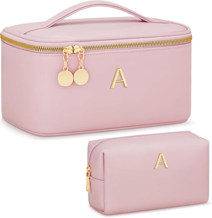 Personalized Initial Makeup Bag Gifts for Women, Large Travel Cosmetic Organizer with Handle & Divider, PU Leather Toiletry Bag for Girls, Birthday Bridesmaid Gift Set - Beige - H