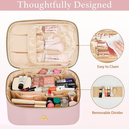 Personalized Initial Makeup Bag Gifts for Women, Large Travel Cosmetic Organizer with Handle & Divider, PU Leather Toiletry Bag for Girls, Birthday Bridesmaid Gift Set - Beige - H