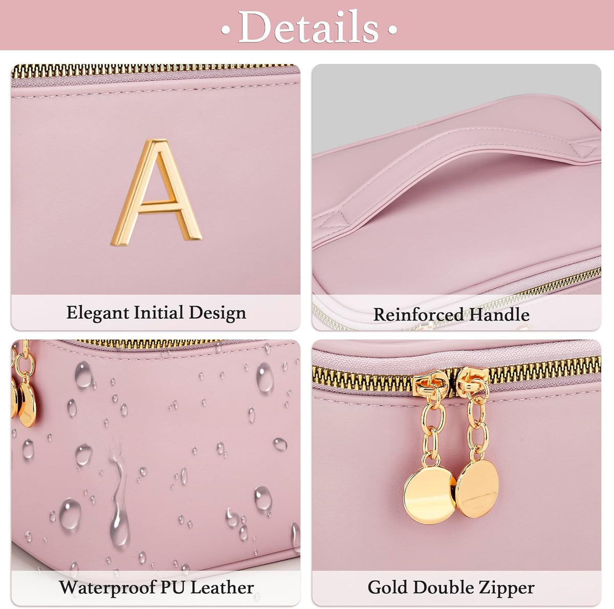 Personalized Initial Makeup Bag Gifts for Women, Large Travel Cosmetic Organizer with Handle & Divider, PU Leather Toiletry Bag for Girls, Birthday Bridesmaid Gift Set - Beige - H