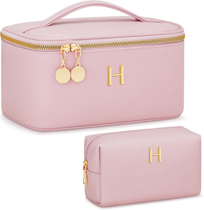 Personalized Initial Makeup Bag Gifts for Women, Large Travel Cosmetic Organizer with Handle & Divider, PU Leather Toiletry Bag for Girls, Birthday Bridesmaid Gift Set - Beige - H