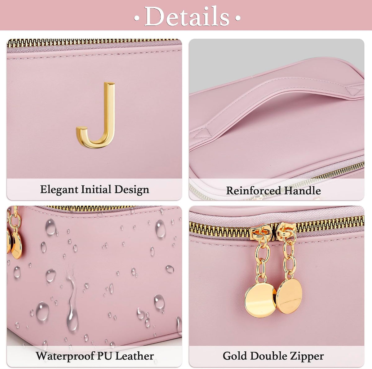 Personalized Initial Makeup Bag Gifts for Women, Large Travel Cosmetic Organizer with Handle & Divider, PU Leather Toiletry Bag for Girls, Birthday Bridesmaid Gift Set - Beige - H