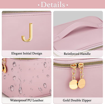 Personalized Initial Makeup Bag Gifts for Women, Large Travel Cosmetic Organizer with Handle & Divider, PU Leather Toiletry Bag for Girls, Birthday Bridesmaid Gift Set - Beige - H