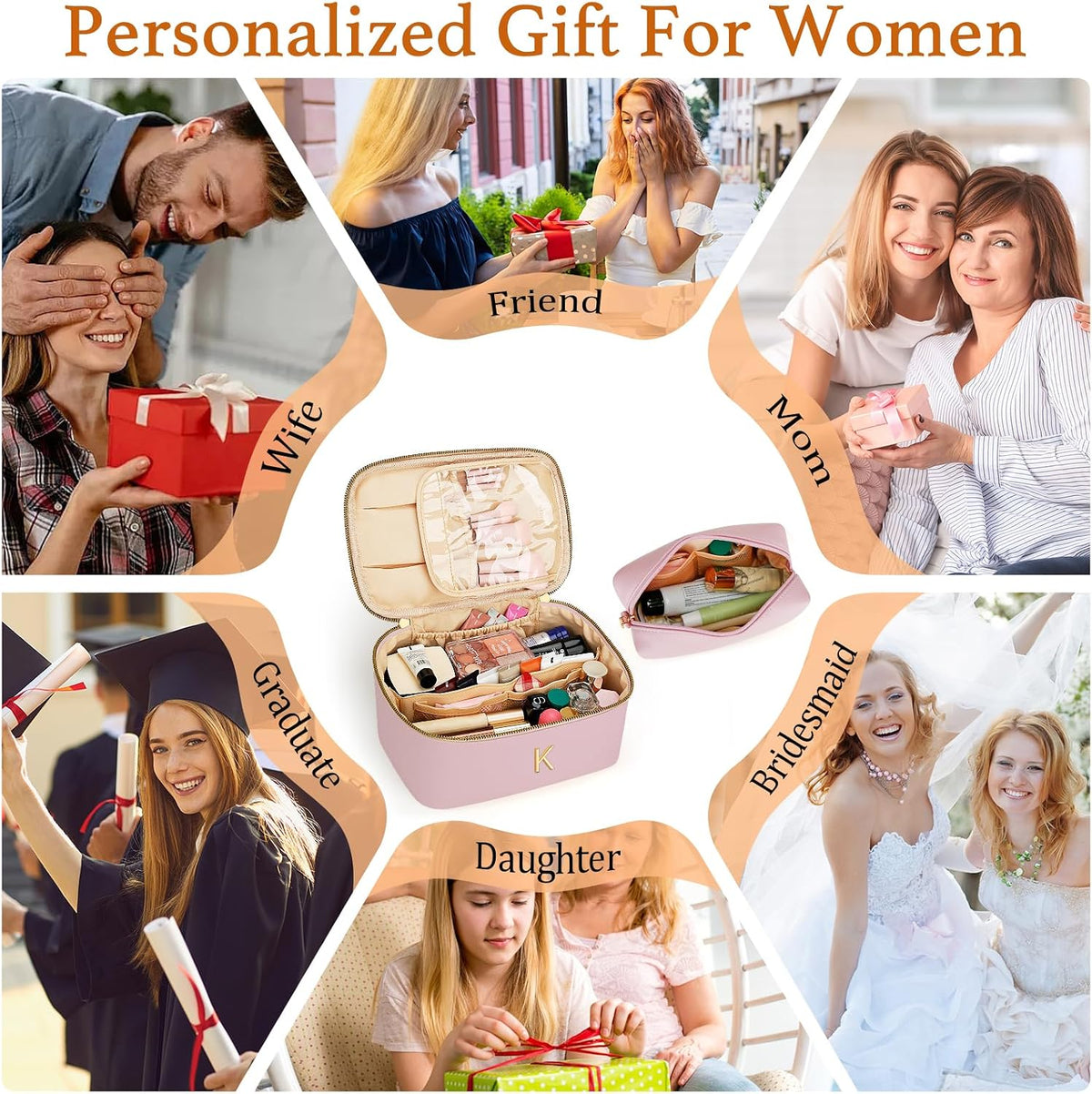 Personalized Initial Makeup Bag Gifts for Women, Large Travel Cosmetic Organizer with Handle & Divider, PU Leather Toiletry Bag for Girls, Birthday Bridesmaid Gift Set - Beige - H