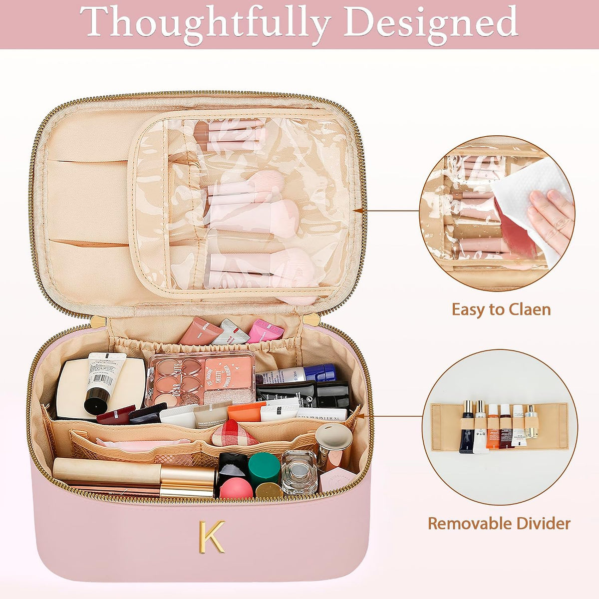 Personalized Initial Makeup Bag Gifts for Women, Large Travel Cosmetic Organizer with Handle & Divider, PU Leather Toiletry Bag for Girls, Birthday Bridesmaid Gift Set - Beige - H