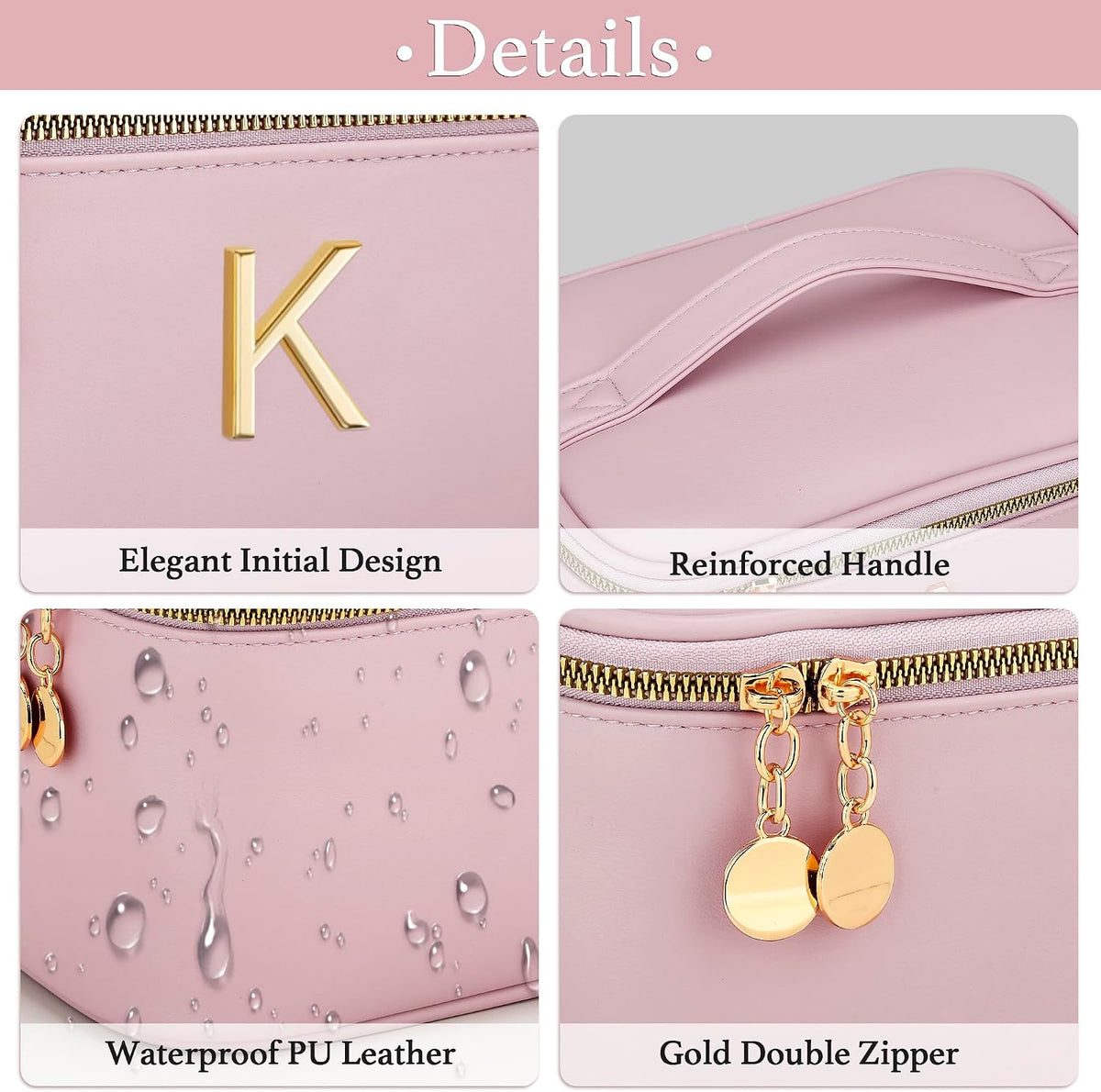 Personalized Initial Makeup Bag Gifts for Women, Large Travel Cosmetic Organizer with Handle & Divider, PU Leather Toiletry Bag for Girls, Birthday Bridesmaid Gift Set - Beige - H