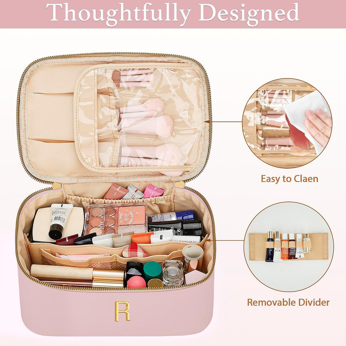 Personalized Initial Makeup Bag Gifts for Women, Large Travel Cosmetic Organizer with Handle & Divider, PU Leather Toiletry Bag for Girls, Birthday Bridesmaid Gift Set - Beige - H