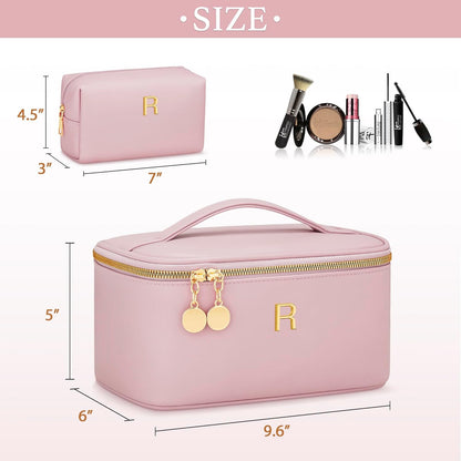 Personalized Initial Makeup Bag Gifts for Women, Large Travel Cosmetic Organizer with Handle & Divider, PU Leather Toiletry Bag for Girls, Birthday Bridesmaid Gift Set - Beige - H