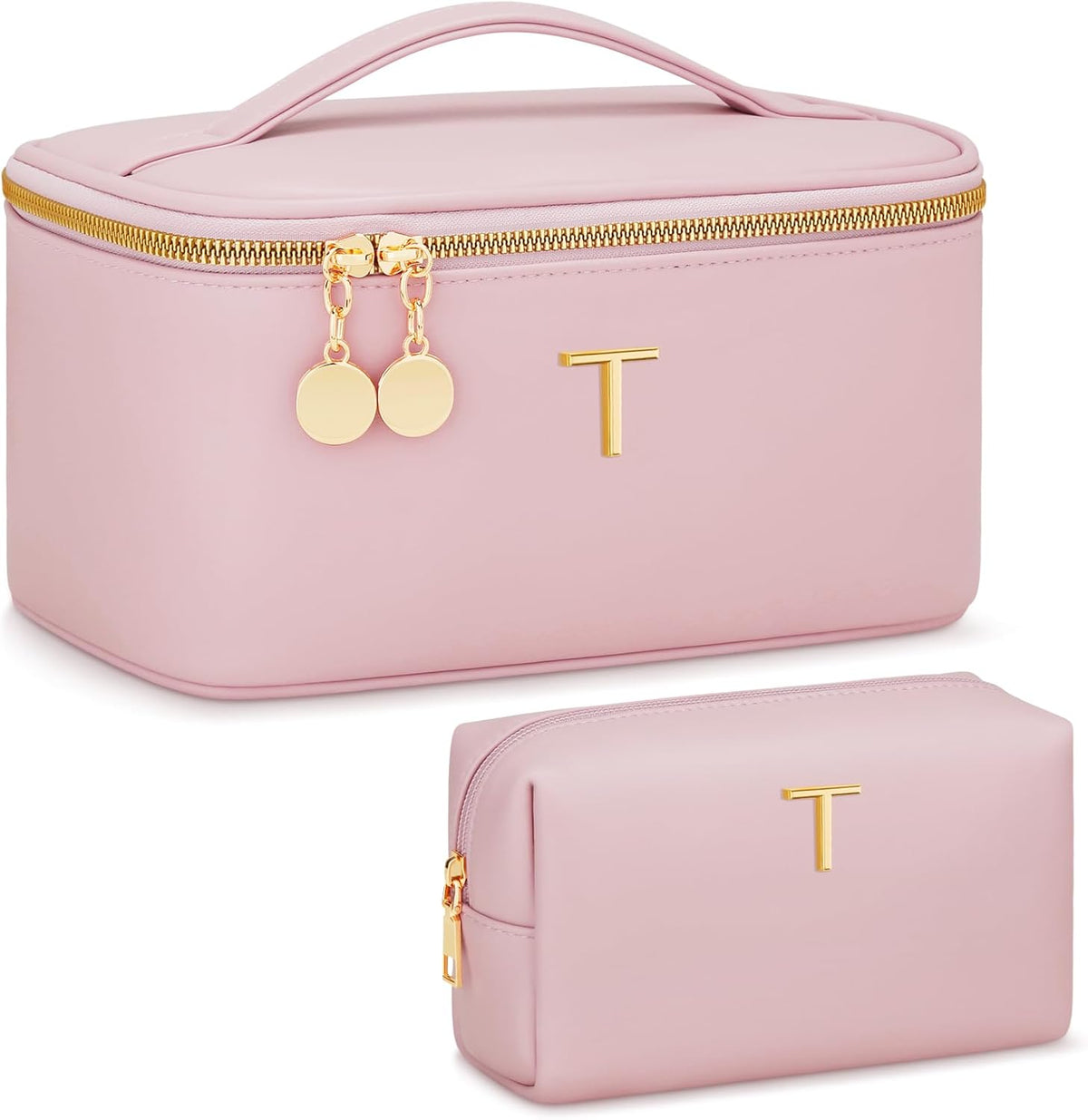 Personalized Initial Makeup Bag Gifts for Women, Large Travel Cosmetic Organizer with Handle & Divider, PU Leather Toiletry Bag for Girls, Birthday Bridesmaid Gift Set - Beige - H