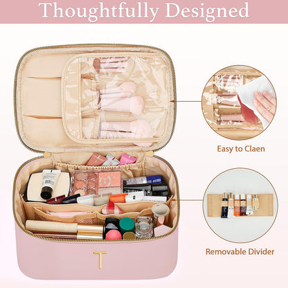 Personalized Initial Makeup Bag Gifts for Women, Large Travel Cosmetic Organizer with Handle & Divider, PU Leather Toiletry Bag for Girls, Birthday Bridesmaid Gift Set - Beige - H