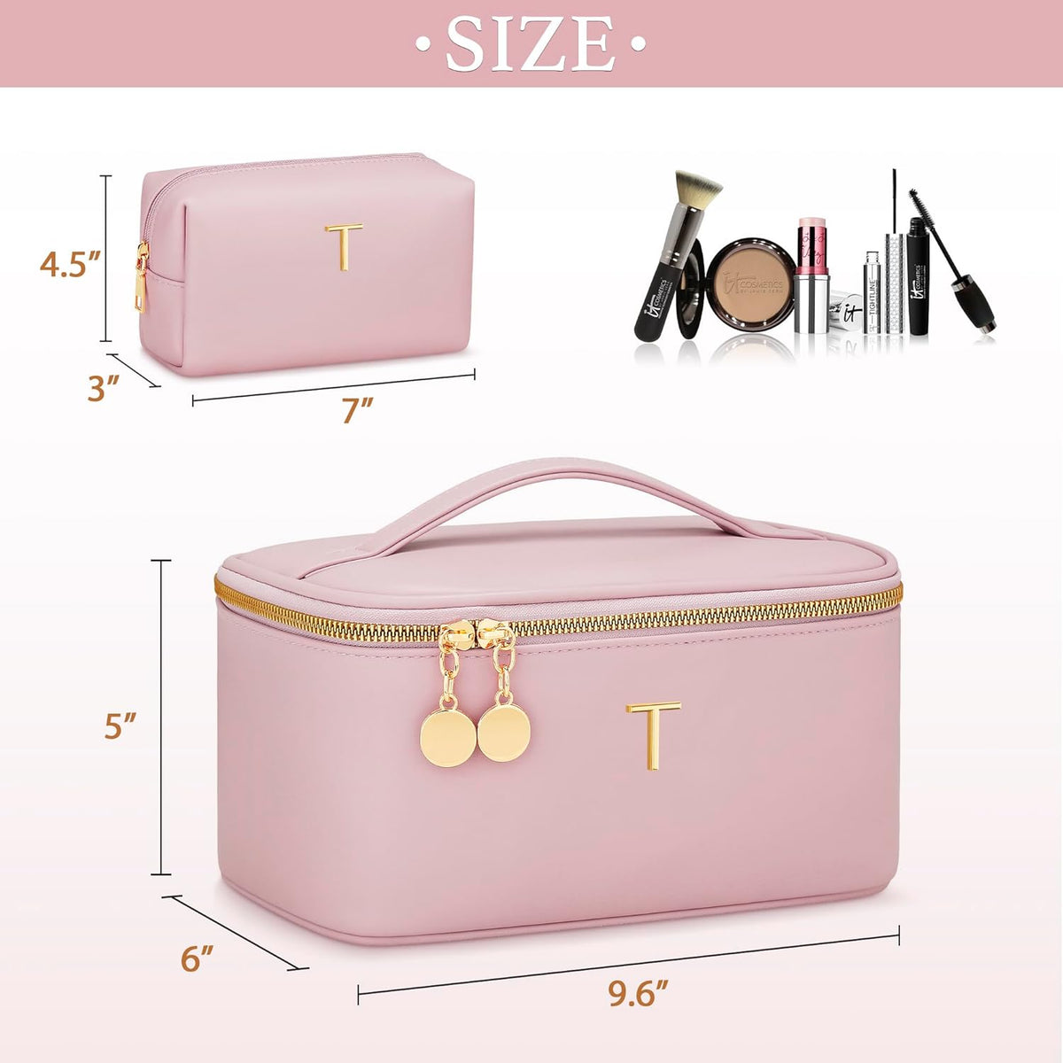 Personalized Initial Makeup Bag Gifts for Women, Large Travel Cosmetic Organizer with Handle & Divider, PU Leather Toiletry Bag for Girls, Birthday Bridesmaid Gift Set - Beige - H