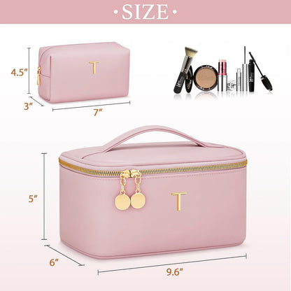Personalized Initial Makeup Bag Gifts for Women, Large Travel Cosmetic Organizer with Handle & Divider, PU Leather Toiletry Bag for Girls, Birthday Bridesmaid Gift Set - Beige - H
