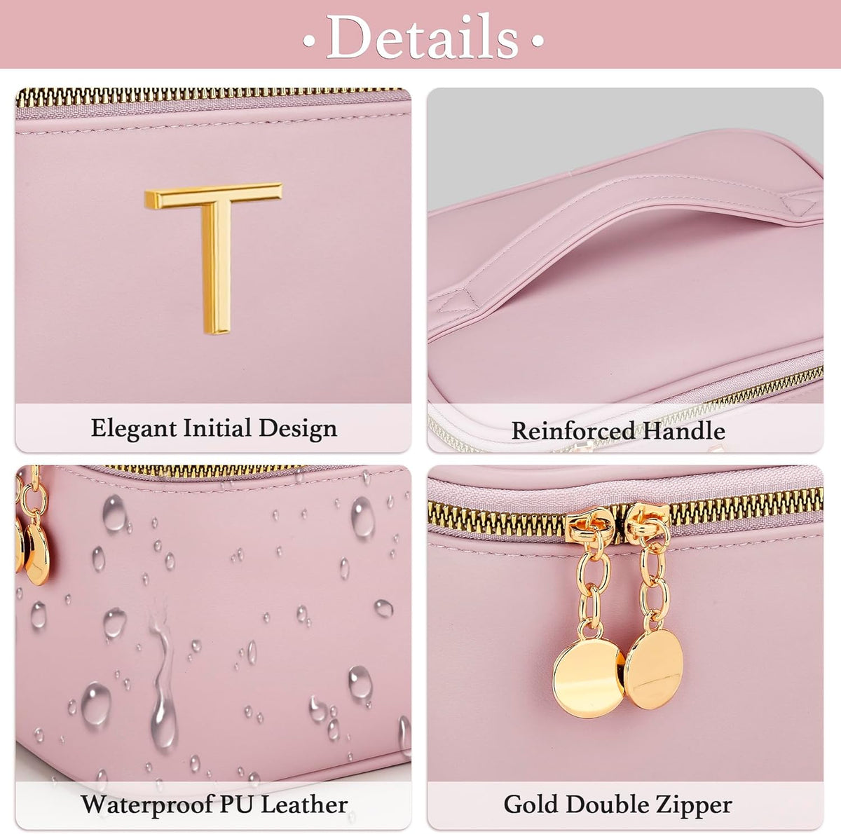 Personalized Initial Makeup Bag Gifts for Women, Large Travel Cosmetic Organizer with Handle & Divider, PU Leather Toiletry Bag for Girls, Birthday Bridesmaid Gift Set - Beige - H