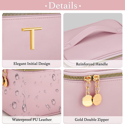 Personalized Initial Makeup Bag Gifts for Women, Large Travel Cosmetic Organizer with Handle & Divider, PU Leather Toiletry Bag for Girls, Birthday Bridesmaid Gift Set - Beige - H
