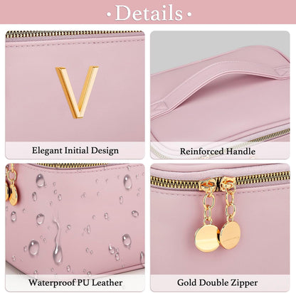 Personalized Initial Makeup Bag Gifts for Women, Large Travel Cosmetic Organizer with Handle & Divider, PU Leather Toiletry Bag for Girls, Birthday Bridesmaid Gift Set - Beige - H