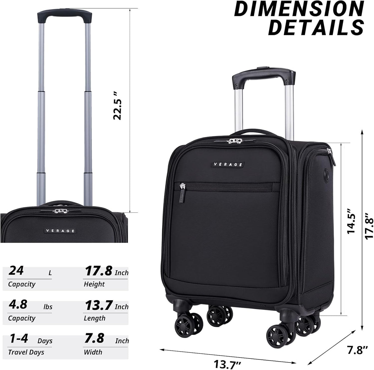 Underseat Carry On Luggage with Wheels, 14.5-Inch Spinner Small Suitcase, Softside Lightweight Travel Bag for Men and Women, Airplane Carry On Bag, Black