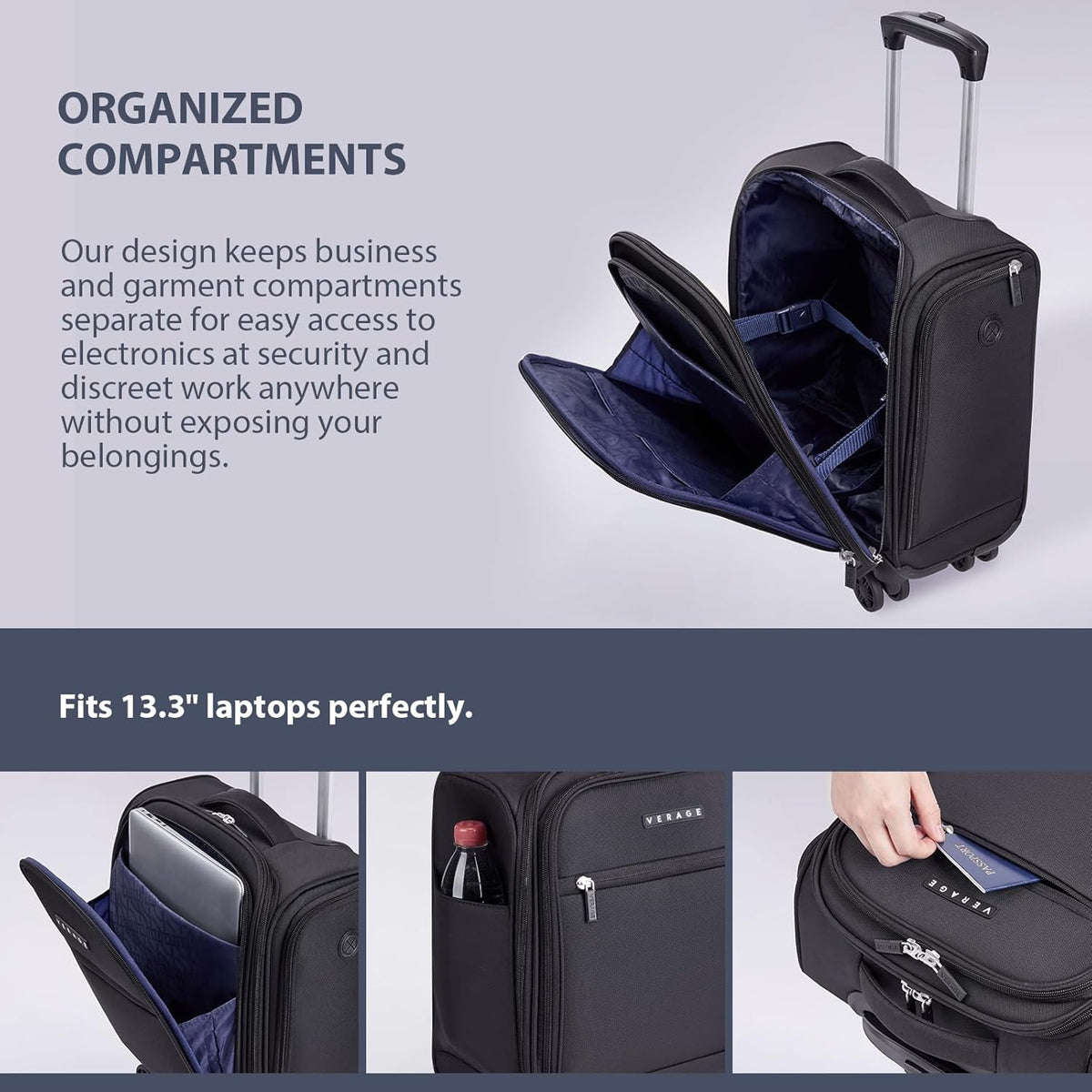 Underseat Carry On Luggage with Wheels, 14.5-Inch Spinner Small Suitcase, Softside Lightweight Travel Bag for Men and Women, Airplane Carry On Bag, Black