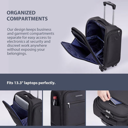 Underseat Carry On Luggage with Wheels, 14.5-Inch Spinner Small Suitcase, Softside Lightweight Travel Bag for Men and Women, Airplane Carry On Bag, Black