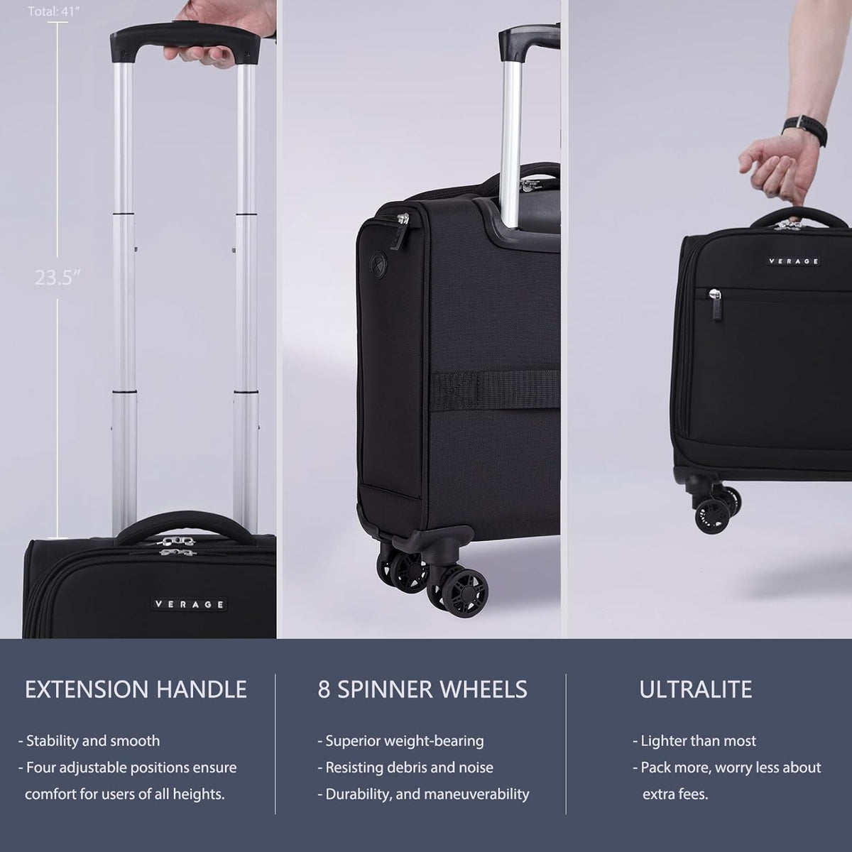 Underseat Carry On Luggage with Wheels, 14.5-Inch Spinner Small Suitcase, Softside Lightweight Travel Bag for Men and Women, Airplane Carry On Bag, Black