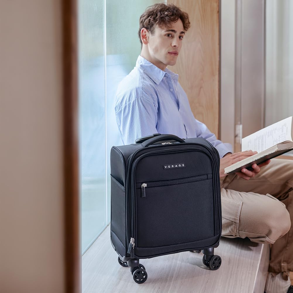 Underseat Carry On Luggage with Wheels, 14.5-Inch Spinner Small Suitcase, Softside Lightweight Travel Bag for Men and Women, Airplane Carry On Bag, Black