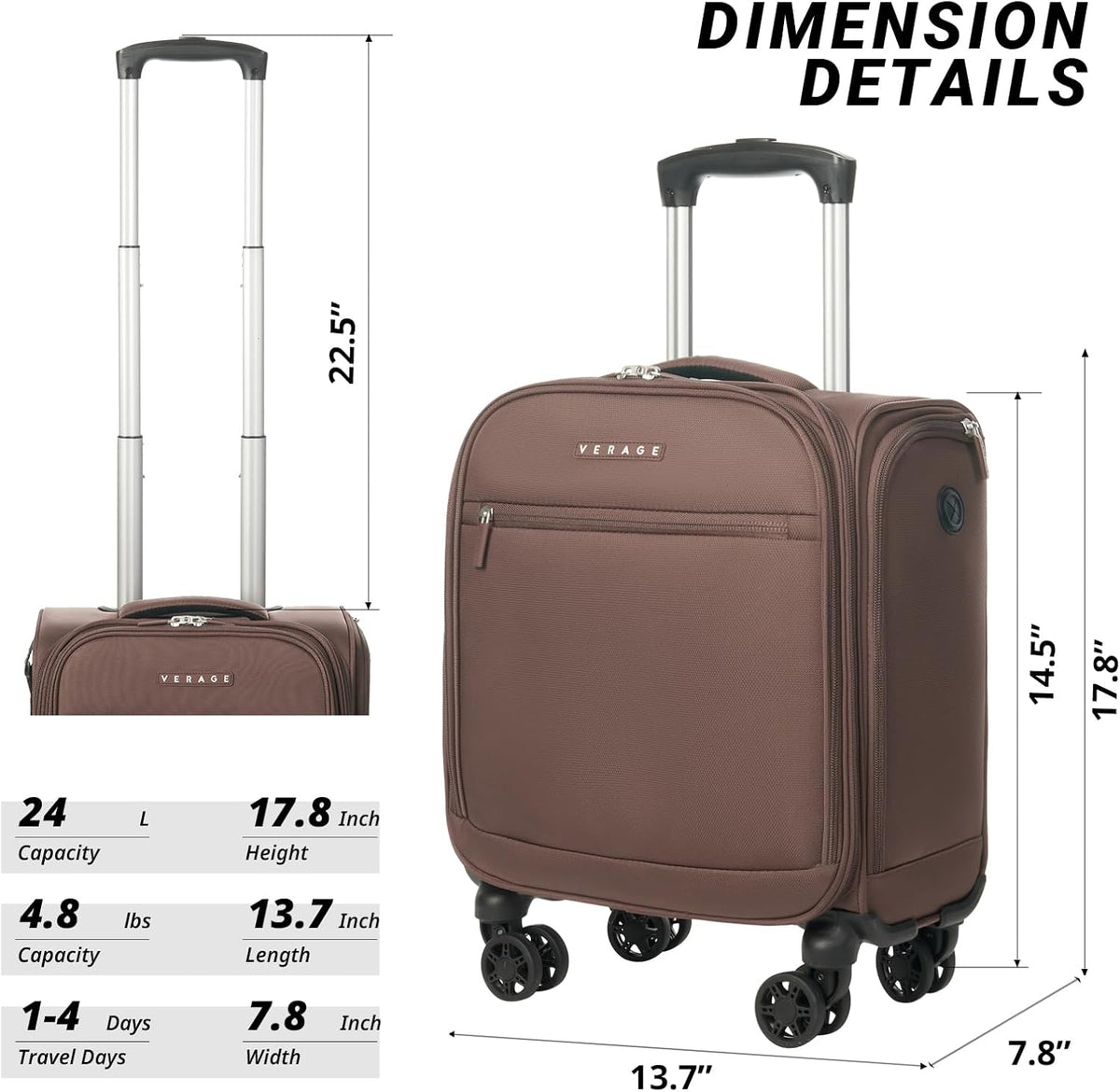 Underseat Carry On Luggage with Wheels, 14.5-Inch Spinner Small Suitcase, Softside Lightweight Travel Bag for Men and Women, Airplane Carry On Bag, Black