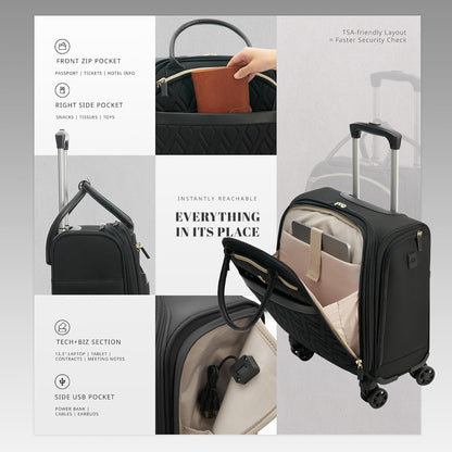 Underseat Carry On Luggage with Wheels, 14.5-Inch Spinner Small Suitcase, Softside Lightweight Travel Bag for Men and Women, Airplane Carry On Bag, Black