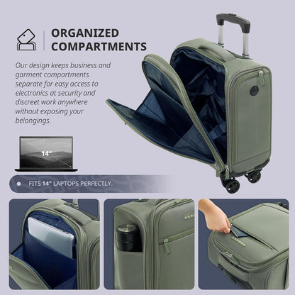 Underseat Carry On Luggage with Wheels, 14.5-Inch Spinner Small Suitcase, Softside Lightweight Travel Bag for Men and Women, Airplane Carry On Bag, Black