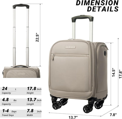 Underseat Carry On Luggage with Wheels, 14.5-Inch Spinner Small Suitcase, Softside Lightweight Travel Bag for Men and Women, Airplane Carry On Bag, Black