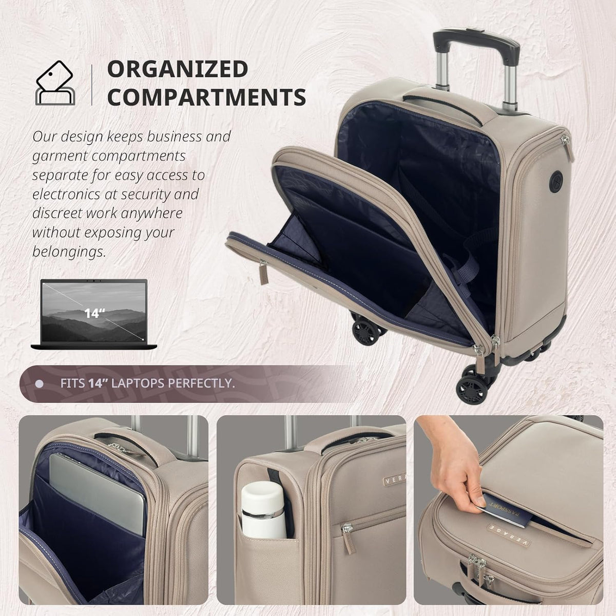 Underseat Carry On Luggage with Wheels, 14.5-Inch Spinner Small Suitcase, Softside Lightweight Travel Bag for Men and Women, Airplane Carry On Bag, Black