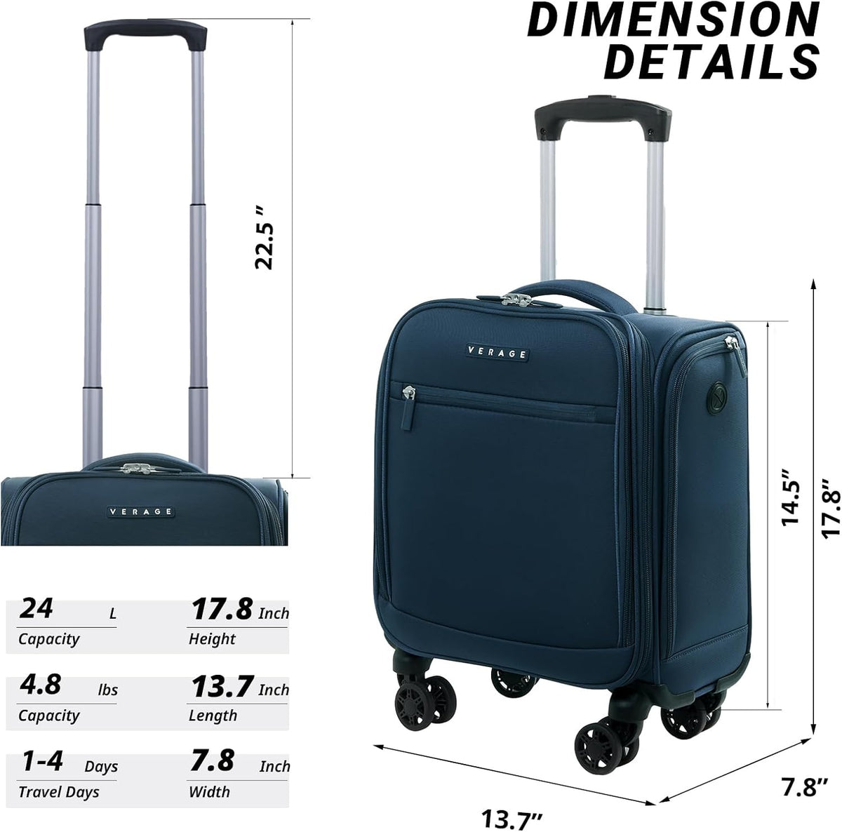 Underseat Carry On Luggage with Wheels, 14.5-Inch Spinner Small Suitcase, Softside Lightweight Travel Bag for Men and Women, Airplane Carry On Bag, Black
