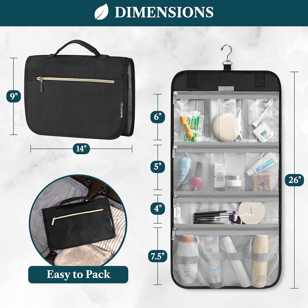 Hanging Toiletry Bag for Women Men, Large Foldable Toiletries Organizer with Hook, Water-Resistant Makeup Cosmetic Rollup Case, Clear Pockets for Bathroom, Gym, Cruise (Teal Chevron)