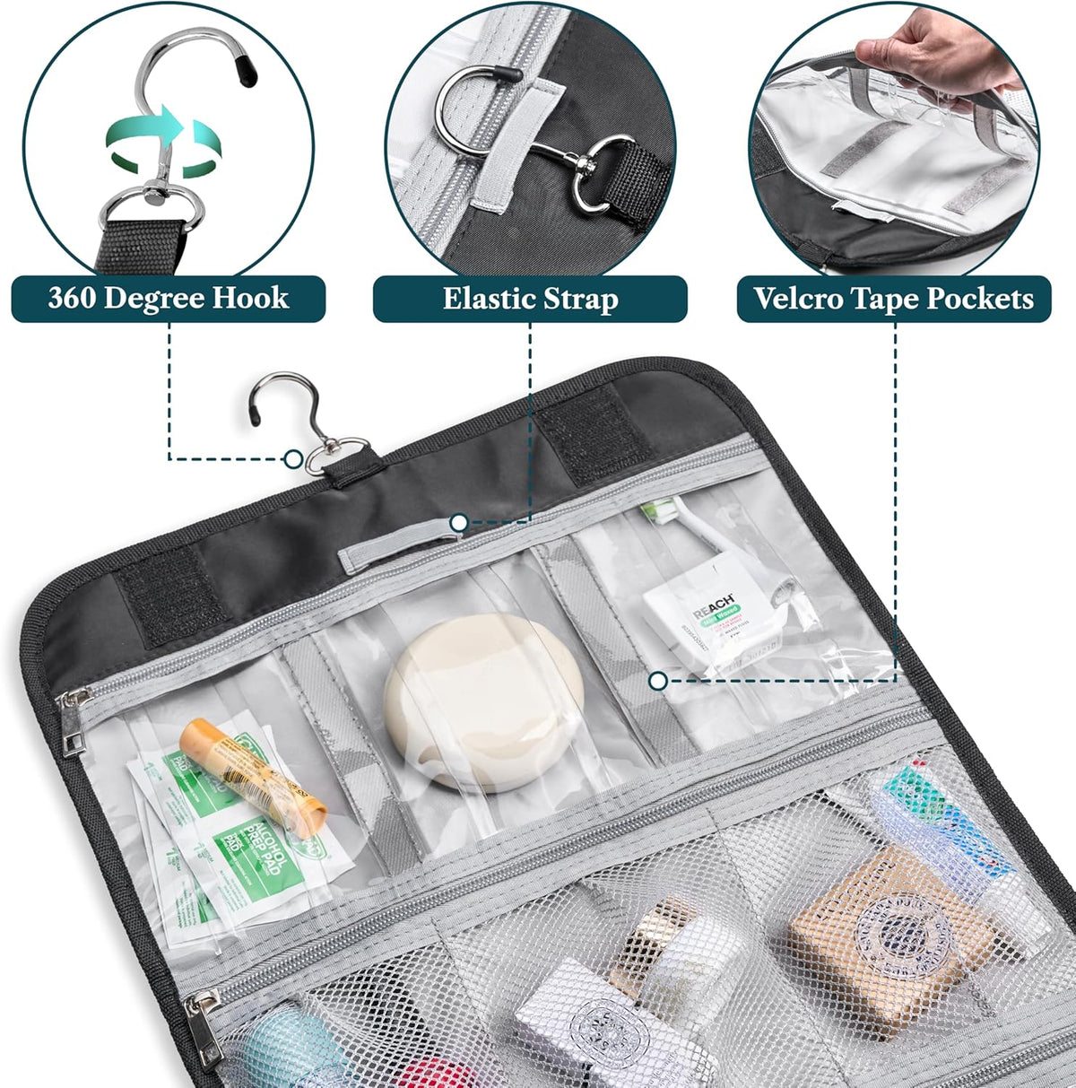 Hanging Toiletry Bag for Women Men, Large Foldable Toiletries Organizer with Hook, Water-Resistant Makeup Cosmetic Rollup Case, Clear Pockets for Bathroom, Gym, Cruise (Teal Chevron)