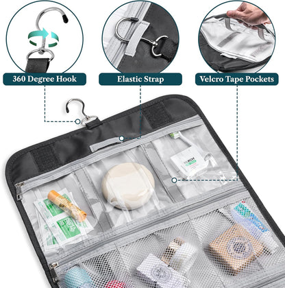 Hanging Toiletry Bag for Women Men, Large Foldable Toiletries Organizer with Hook, Water-Resistant Makeup Cosmetic Rollup Case, Clear Pockets for Bathroom, Gym, Cruise (Teal Chevron)