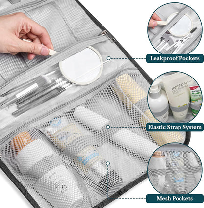 Hanging Toiletry Bag for Women Men, Large Foldable Toiletries Organizer with Hook, Water-Resistant Makeup Cosmetic Rollup Case, Clear Pockets for Bathroom, Gym, Cruise (Teal Chevron)