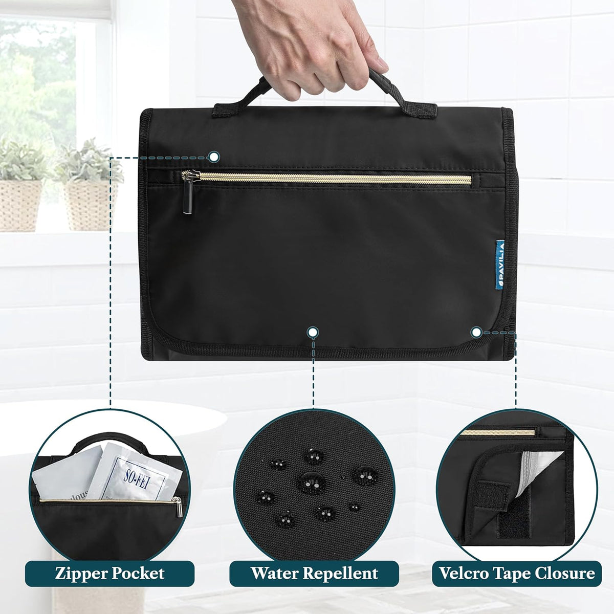 Hanging Toiletry Bag for Women Men, Large Foldable Toiletries Organizer with Hook, Water-Resistant Makeup Cosmetic Rollup Case, Clear Pockets for Bathroom, Gym, Cruise (Teal Chevron)